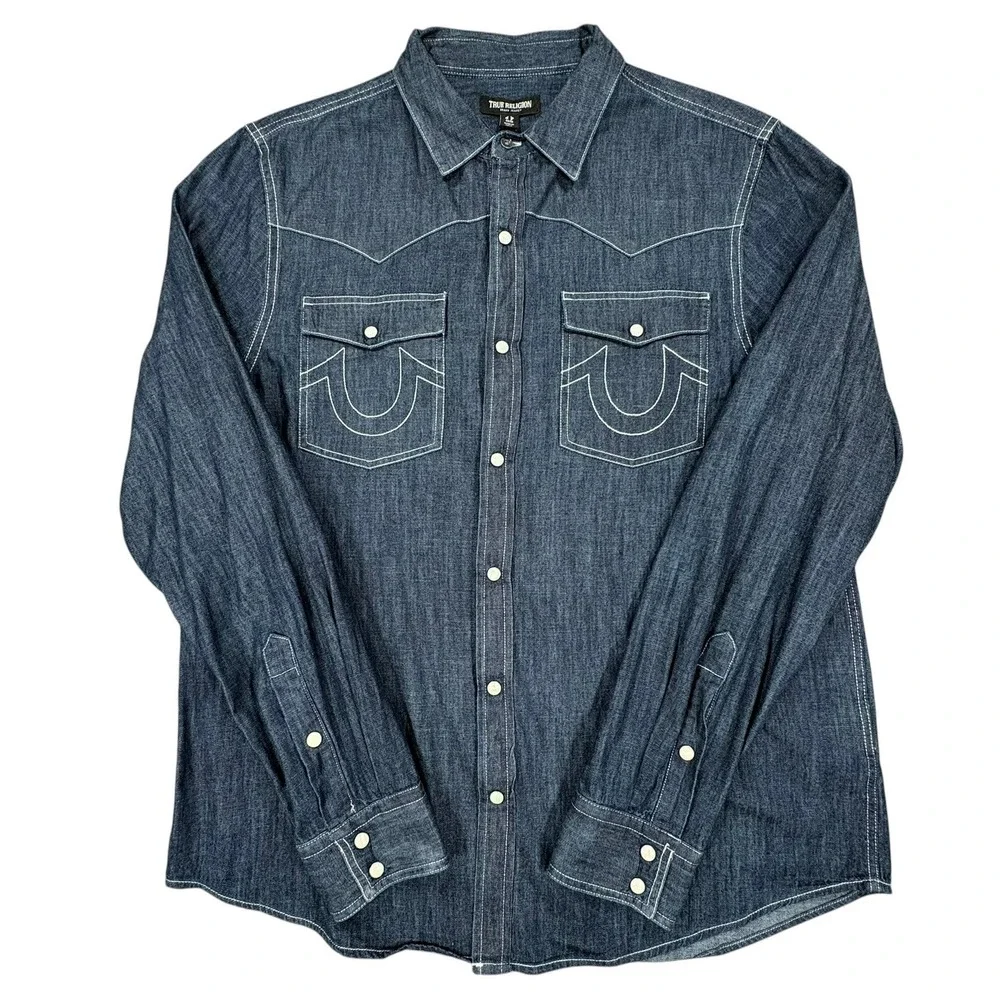 True Religion Denim Western Shirt Mens M Dark Wash Blue Indigo Pearl Snap Logo